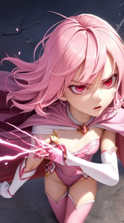 masterpiece,best quality,upper body,face,torso,detailed skin,[anime|realistic|anime],from above,looking up,angry expression,particles in air,cinematic lighting,short and (messy pink hair),(glowing pink eyes),pink eyebrows,(pink cape:1.2),medium breasts,(el...