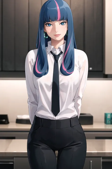 ((best quality)), ((highly detailed)), masterpiece, ((official art)), detailed face, beautiful face, (detailed eyes:1.3, deep eyes), (eida), long hair, bangs, blue eyes, very long hair, blue hair, pink hair, multicolored hair, earrings,  blunt bangs,  two-tone hair, streaked hair,(seductive smile),hoop earring,shirt, white shirt, looking at viewer, black necktie, (black pants:1.1), thigh gap, necktie,(arms behind back), medium breasts, pants, collared shirt, (upper body),(office), long sleeves, standing, closed mouth, (shirt tucked in:1.2),dress shirt,(formal),(high pants),,best quality, masterpiece, intricate details, tonemapping, sharp focus, hyper detailed, trending on Artstation,1 girl, solo,best quality, masterpiece, intricate details, tonemapping, sharp focus, hyper detailed, trending on Artstation,1 girl, solo