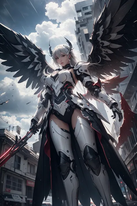 8k uhd,dslr,high quality,clean,((a dark angel in a mechanical armor with wings, godly aura, floating in the air, descending from...