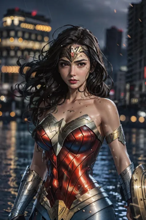 best quality, 1girl, solo, wonder woman, breasts, shiny skin, looking at viewer, cowboy shot, black hair, brown eyes, cityscape, blurry background, dynamic pose, night,hold a shield, wet,
 <lora:enako-v2:0.2> <lora:ww_v1:0.7> <lora:LowRA:0.5>