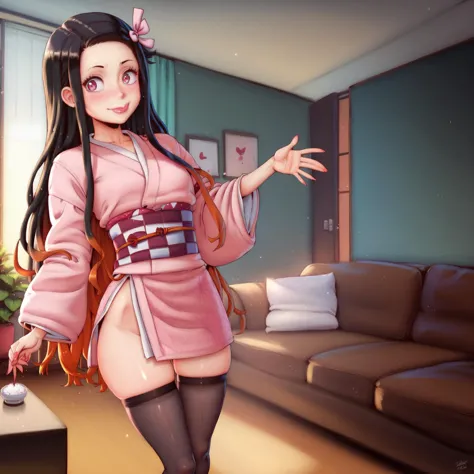 score_9, score_8_up, score_7_up, score_6_up, score_5_up, score_4_up, 1girl, petite girl wearing Nezuko_Kamado cosplay, pink kimono, dark sash with thighhighs, standing, arched back, living room, sofa, <lora:Nezuko_Kamado_Cosplay:1>