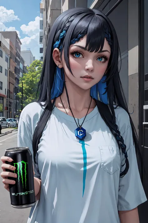 anime girl with monster energy drink in hand and blue hair