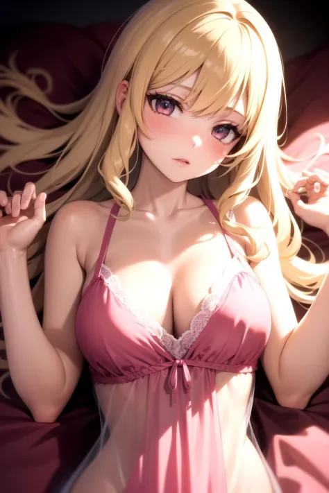 <lora:negligee_v0.1:1>
1girl, negligee, wavy hair, long hair, lying, upper body, blonde hair, pink dress, see-through,, masterpiece, best quality, highly detailed