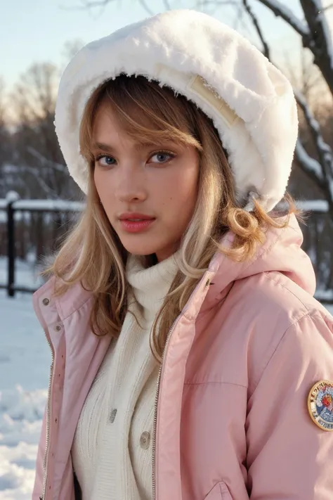 arafed woman in a pink jacket and white hat standing in the snow