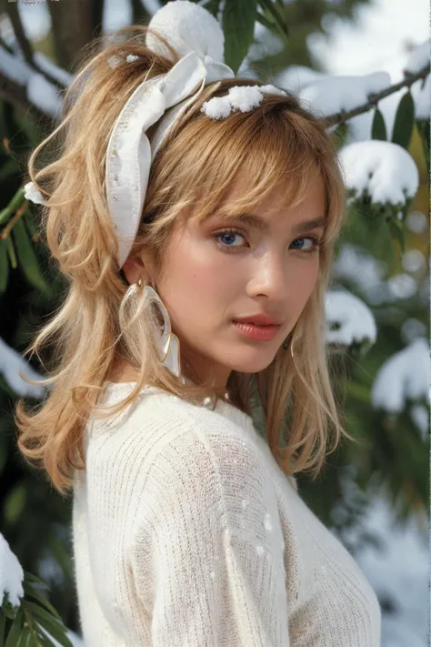 a close up of a woman wearing a white sweater and a white headband