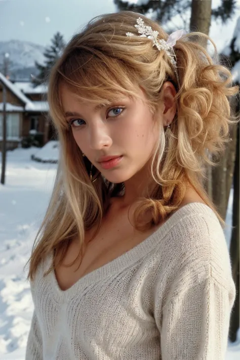 a close up of a woman with a hair band in the snow