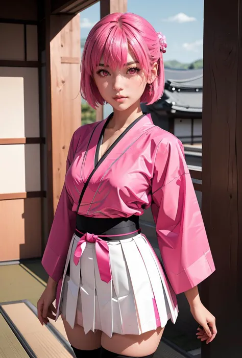 (masterpiece, best quality), 1girl,   <lora:SonaOkita:0.8> SonaOkita, 1girl, solo, pink hair, short hair, skirt, hairclip, black thighhighs, long sleeves, hair between eyes, pleated skirt, japanese clothes, wide sleeves, pink eyes, pink kimono, sash, obi, white skirt, medium breasts,