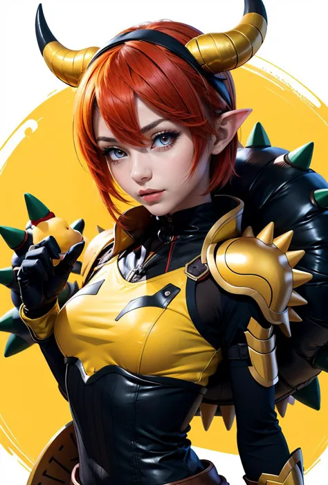 (masterpiece, best quality), 1girl,   <lora:BowserxLucina:0.8> BowserxLucina, 1girl, solo, short hair, red eyes, black gloves, hair between eyes, red hair, horns, black gloves, fingerless gloves, yellow armor, spikes shoulder armor,