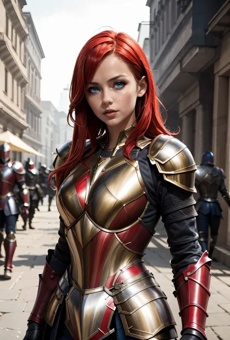 a close up of a woman in armor on a city street