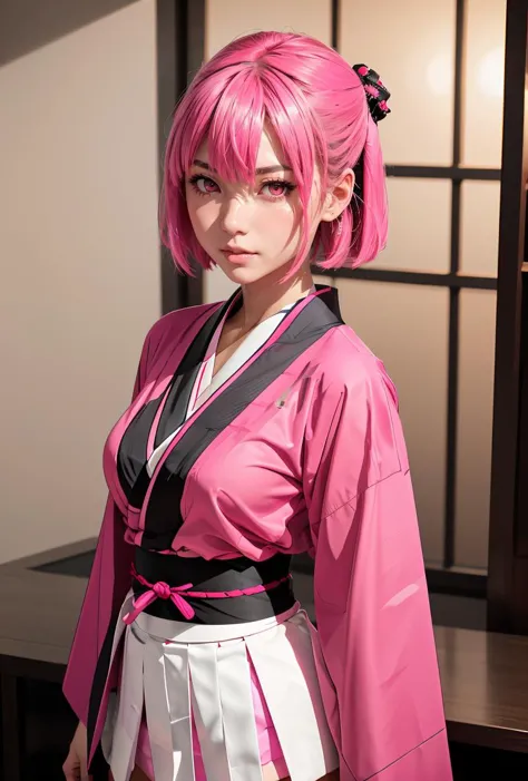 (masterpiece, best quality), 1girl,   <lora:SonaOkita:0.8> SonaOkita, 1girl, solo, pink hair, short hair, skirt, hairclip, black thighhighs, long sleeves, hair between eyes, pleated skirt, japanese clothes, wide sleeves, pink eyes, pink kimono, sash, obi, white skirt, medium breasts,