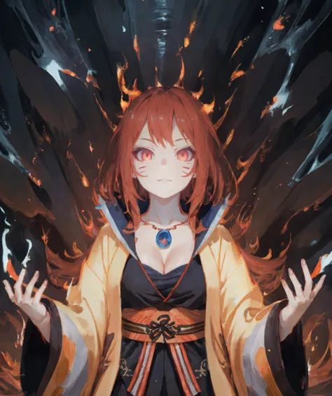 (ultra-detailed),(masterpiece),(best quality),facial mark,fire,glowing,magic,aura,energy,whisker markings,electricity,1girl,TanjiroxMotherSpider,solo,very long hair,hair ornament,looking at viewer,wide sleeves,sash,necklace,japanese clothes,medium breasts,red hair,cleavage,jewelry,hair beads,checkered haori,obi,long sleeves,fantasy,upper body,<lora:chakra_mode-10:0.8>,<lora:TanjiroxMotherSpider:0.8>,