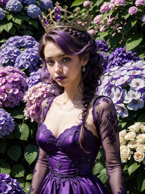 masterpiece, best quality, in a royal garden of hydrangea, rose, morning glory, passion flower,  <lora:TiaraZero:0.8> TiaraZero, 1girl, solo, elbow gloves, purple dress, cleavage, purple eyes, purple hair, braid, makeup, tiara, purple lips, purple gloves, gown