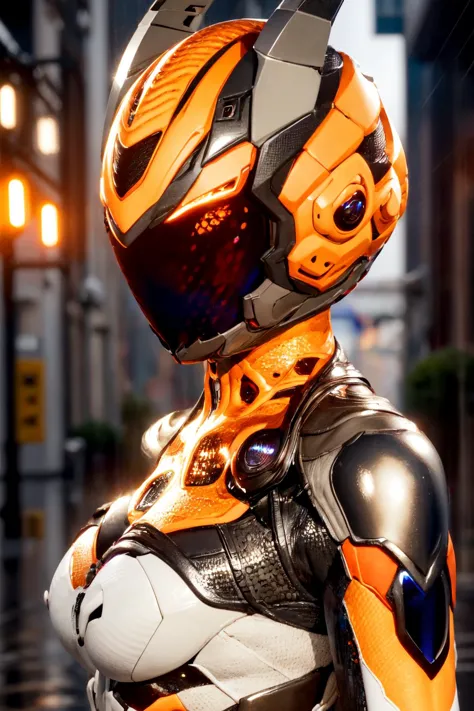 there is a woman in a futuristic suit with a helmet on