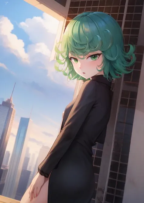 (masterpiece, best quality:1.2), extremely detailed, soft ambient lighting, sharp focus, 4K, BREAK <lora:opm_tatsumaki:1>, 1girl, tatsumaki, green hair, green eyes, black dress, long sleeves, BREAK outdoors, skyscrapper, rooftop, clouds, blue sky, looking at viewer,