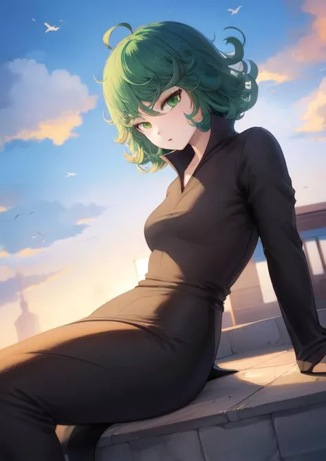 (masterpiece, best quality:1.2), extremely detailed, soft ambient lighting, sharp focus, 4K, BREAK <lora:opm_tatsumaki:1>, 1girl, tatsumaki, green hair, green eyes, black dress, long sleeves, BREAK outdoors, skyscrapper, rooftop, clouds, blue sky, looking at viewer,