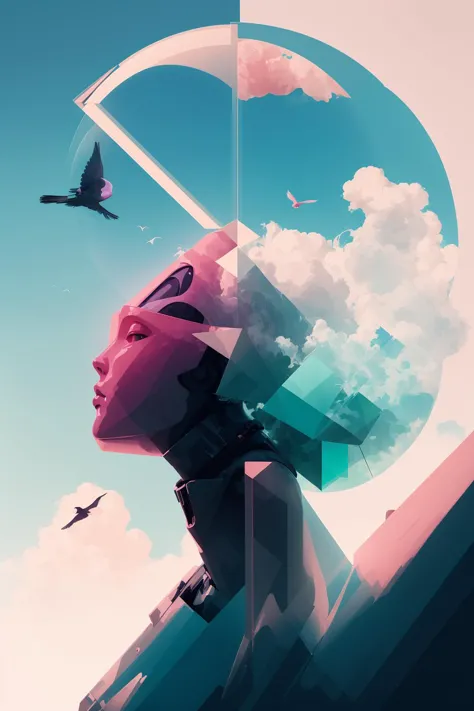 a digital painting of a woman with a bird flying in the sky