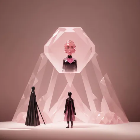 A photo of a person with ((head made of pink crystal)), wearing expensive looking black suit with golden accents and holding a black walking stick. Picture is taken indoors, in a royal tea room. There is a tea set nerby, and exquisity, elegant tapestry in the background.  <lora:nvdreampunk:1.5> nvdreampunk, abstract surrealism, mixed media, abstract geometry