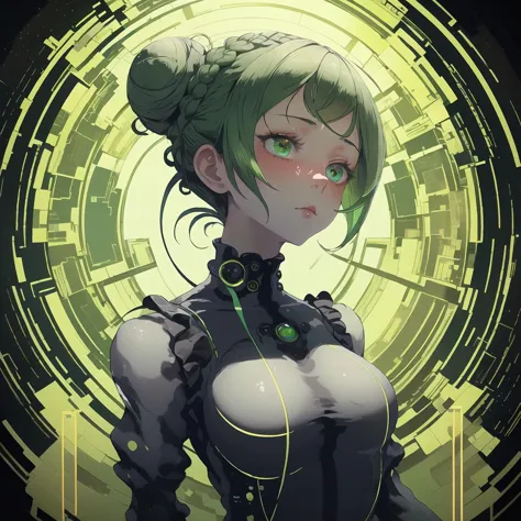 a close up of a woman with green hair and a green dress