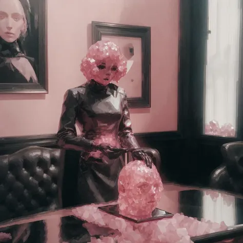 there is a statue of a woman with a pink wig and a crystal ball