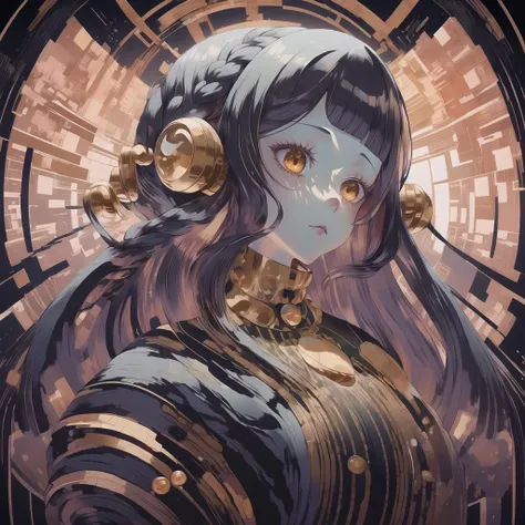 anime girl with long hair and gold earphones in a circular frame