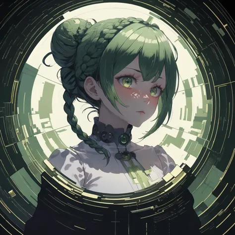 anime girl with green hair and braids in a circular frame