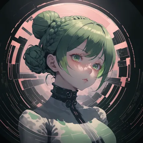 anime girl with green hair and green eyes in a futuristic setting