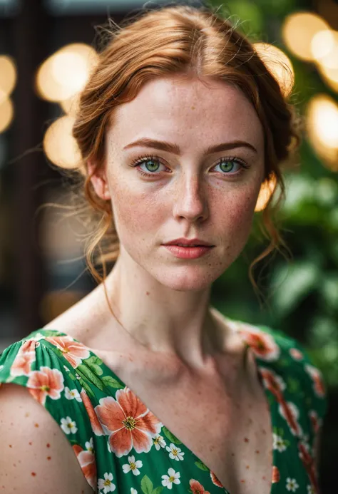 photography, realistic, a beautiful portrait photo of an irish woman, wearing a floral dress, green eyes, freckles, beautiful bo...