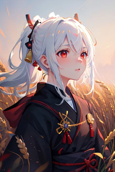 super resolution, super detailed, ultra detailed, masterpiece, best quality, 1girl, portrait, white hair, ponytail, red eyes, sa...