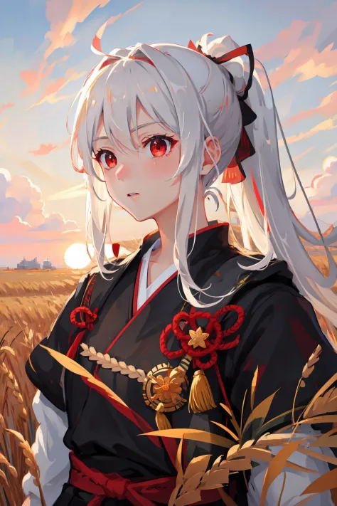 super resolution, super detailed, ultra detailed, masterpiece, best quality, 1girl, portrait, white hair, ponytail, red eyes, samurai, wheat landscape, sun, clouds, (neutral colors), (hdr:1.3)