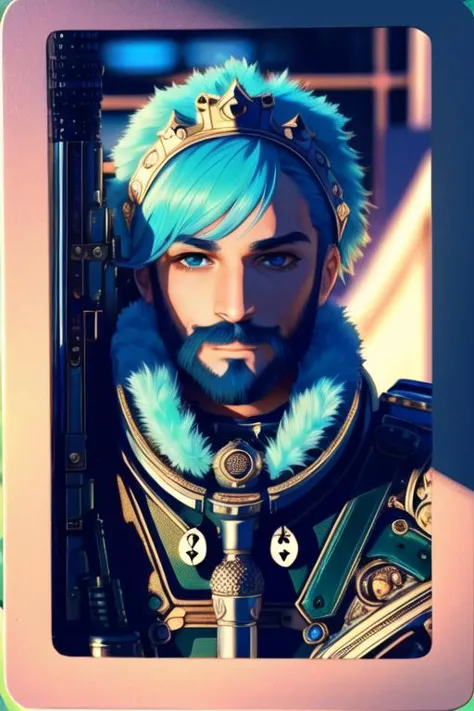 <lora:AnimePokerCard:1>, (poker card background), Playing Card style, (masterpiece, best quality, ultra-detailed, highres), perfect face, sidelighting, lustrous skin,(bloom), (shine), lighting, ray tracing, sci-fi, solo, 1boy, male focus, facial hair, blue eyes, solo, realistic, green hair, looking at viewer, beard, blurry, lips, mustache, depth_of_field,very detailed background, highly detailed background, Masterpiece, Ultra detailed, great composition,Dynamic angle,[Bottle bottom],(king of spades), extremely delicate and beautiful,(Highest picture quality), (Master's work),   depth of field, solo, extreme light and shadow, masterpiece, rich in detail, (fine features), (highest quality), (masterpiece), (detailed eyes), (beautiful) detailed,beautiful detailed eyes,(straight-on), cyberpunk:1,poker card background, (extremely detailed CG unity 8k wallpaper),(masterpiece), (best quality), (ultra-detailed), (best illustration),(best shadow),perfect lighting , perfect anatomy , vivid colors,