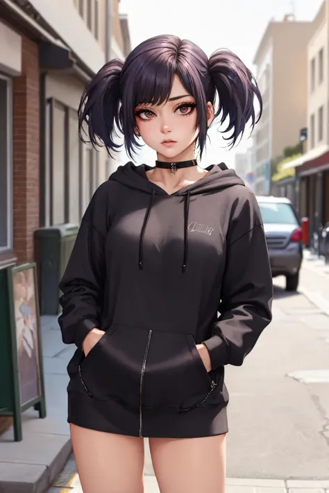 (masterpiece, best quality:1.2), solo, 1girl, souma kurumi, expressionless, looking at viewer, hand in pocket, short twintails, edgPastelGoth, hoodie, chain skirt, outdoors, city street <lora:shikiyokuinf_souma-17:0.9> <lora:edgPastelHoodies:1>