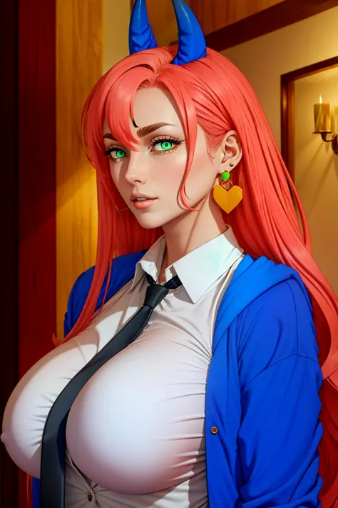 white collared shirt, necktie, blue jacket<lora:Power:0.7>red horns, <lora:Char-ZZZ-Nicole-V2:0.7> nicole demara,green eyes,big breasts,hair ribbon,hairclip,earrings, 1girl in full growth, best quality, masterpiece, ultra-detailed, high quality,good quality