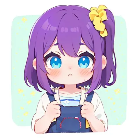 1 girl, Kanae Kouda, medium length straight purple hair, blue eyes, yellow scrunchie with white polka dots, blushing,  <lora:Kan...