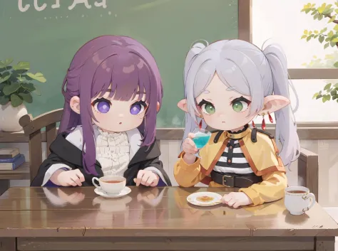 2 girls sitted drinking tea, BREAK
<lora:CHAR-Fern:0.6> FernFrieren, very long hair, purple eyes, (purple pupils), white dress, ...