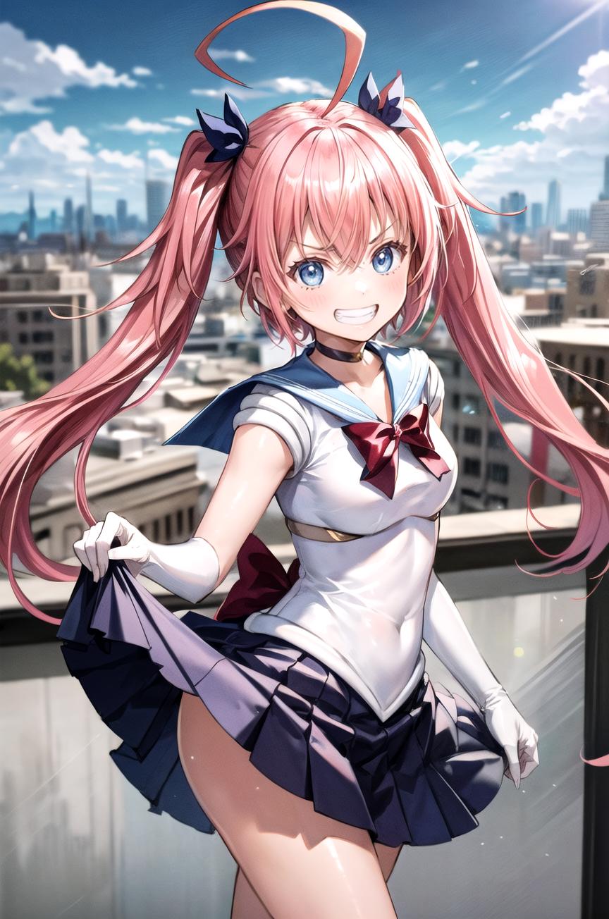 A woman with long pink hair and a white shirt and blue skirt - SeaArt AI