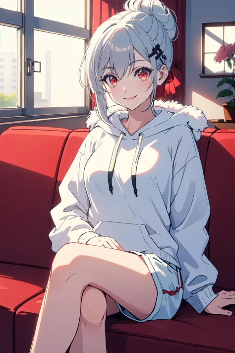 (high quality, best quality, 4k, 2k, (intricate:1.1), (high detail:1.3)), ((indoors, couch, window)), (official wallpaper, volumetric lighting, dynamic lighting),
1girl, solo, (inglis), large breasts, white hair, red eyes, 
white shorts, pink hoodie, single hair bun, fluffy, fur trim, 
sitting, crossed legs, ((smiling)),
<lora:InglisEucus:0.8>