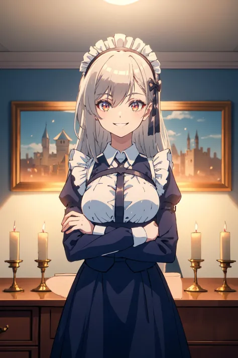 anime girl in a maid outfit standing in front of a painting