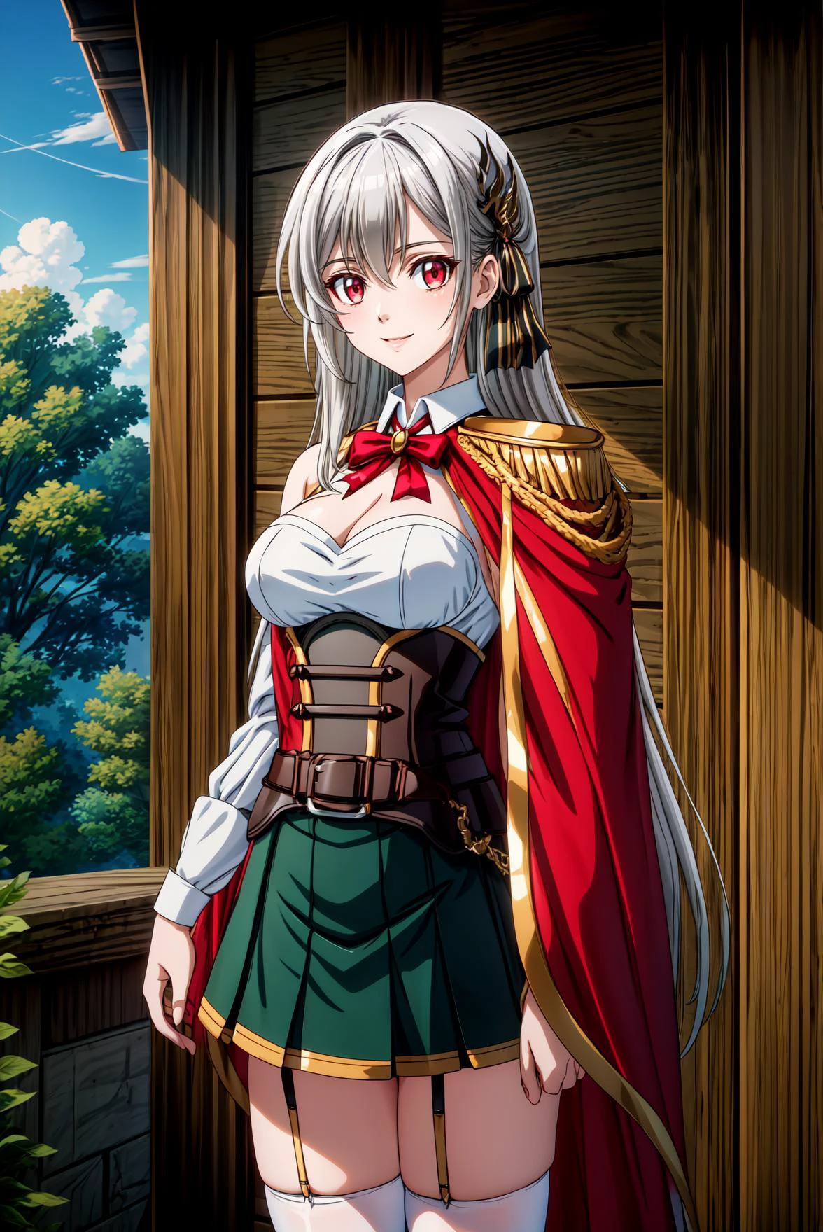 ((best quality)), ((masterpiece)), ((ultra detailed)), 1girl, inglis, white hair, long hair, red eyes, large breasts, smile, bang, feather hair ornament, black hair ribbon, white shirt, corset, belt, green skirt, cleavage cutout, bare right shoulder, ((cape covered one shoulder)), long sleeves, red cape, epaulettes, red bowtie, garter straps, white thighhighs, standing, looking at viewer, outdoor, ((medium full shot)), ((detailed eyes)), 