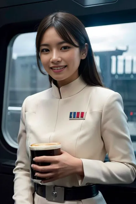 star destroyer interior, beautiful smiling woman wearing an imperial officer uniform and holding a mug of coffee, <lora:Impoffic...