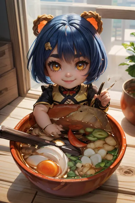 vibrant details, studio lighting, photography, ambient soft lighting, 4k,(extremely detailed fine touch:1.3),(hard light, studio light, light rays, dappled light, reflection, shadows, ray tracing:1),
(1girl), solo, perfect anatomy, beautiful detailed eyes, sharp focus, glowing eyes, detailed 4k eyes, (chibi, toon \(style\):1.2),
<lora:sendnoods2:1.0>, (sendnoods:1.2), 1girl, (partially submerged:1.2), looking at viewer, smile, bowl, noodles, sitting, chili pepper, red soup, spicy, tomyum, from above,
<lora:xiangling:0.6>,panda, xiangling \(genshin impact\), smile,blue hair,short hair,thick eyebrows,hairclip,hair rings, braid, yellow eyes,chinese clothes
looking at viewer, smile
(head tilt:0.8)
(best illumination, beautiful detailed glow),