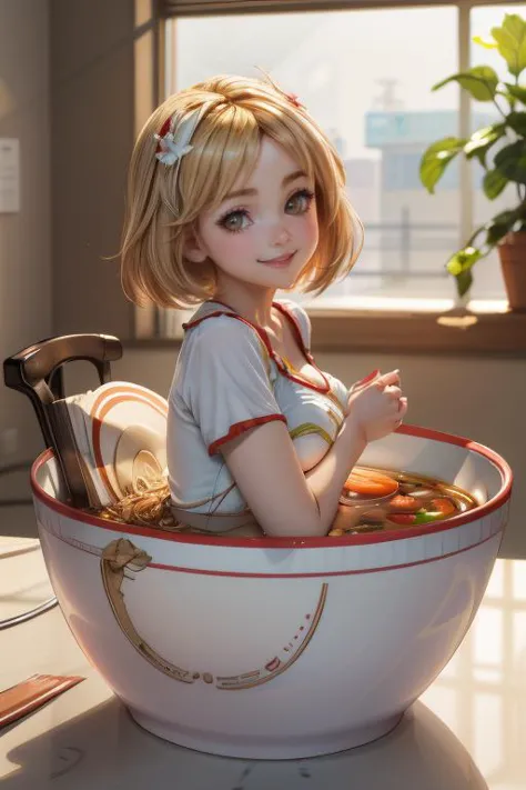 a woman sitting in a bowl of food with a spoon