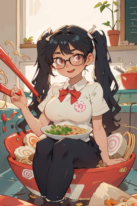 <lora:sendnoods2:1>,(sendnoods:1.2),1girl,(partially submerged:1.2),looking at viewer,smile,bowl,noodles,sitting,(gigantic breasts),glasses,school uniform,twintails,black hair,