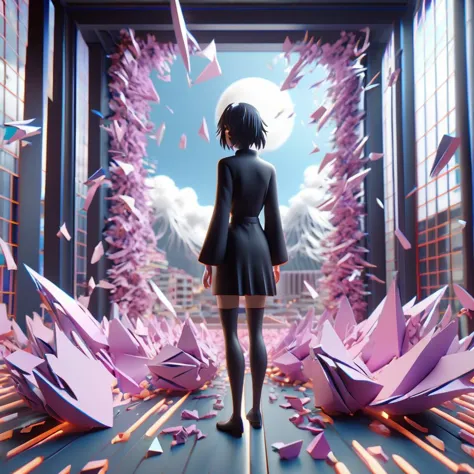 anime girl standing in a room with paper cranes flying around