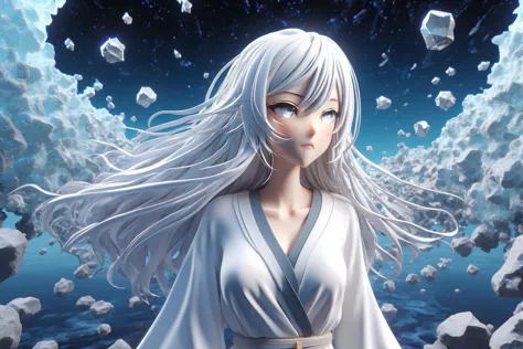 anime girl with long white hair and white dress standing in front of a mountain