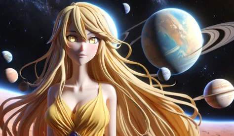 anime girl with long blonde hair and yellow dress in front of planets