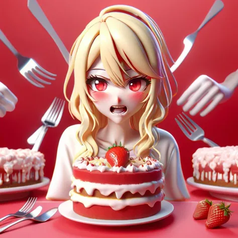 anime girl with a strawberry cake and forks in front of her