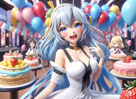 anime - style image of a woman in a white dress with blue hair and a strawberry in her hand