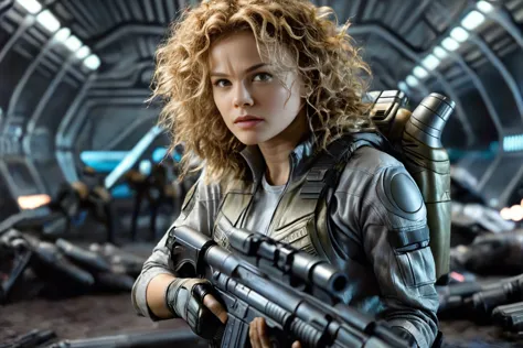 sci-fi style, cinematic film still Photorealism <lora:DinaMeyerSDXL2-000008:1>, 25yo DinaMeyerSDXL wearing intricate futuristick body armor, blonde curly hair, holding a futuristic machine gun, on an alien planet, surrounded by monstrous alien bugs, shooting at the bugs, starship troppers style, Photorealism, often for highly detailed representation, photographic accuracy, or visual illusion. . shallow depth of field, vignette, highly detailed, high budget Hollywood movie, bokeh, cinemascope, moody, epic, gorgeous, film grain, grainy, futuristic, technological, space themes, advanced civilizations