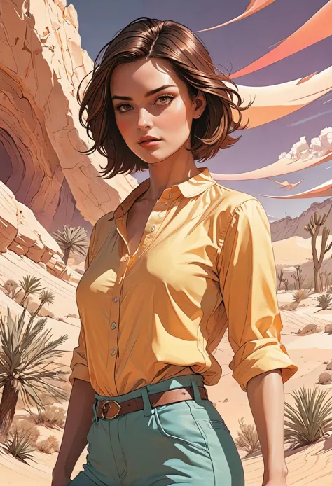 (Desertwave aesthetics, comics style, sharp outlines, movie poster:1.4), a female character in a Desertwave movie, color-blocking colors, stunning background. warm and bright sunlight, a mesmerizing blend of light and shadow. masterpiece, absurdres, intricate details. <lora:envyStarlightComics_04v10:0.8>