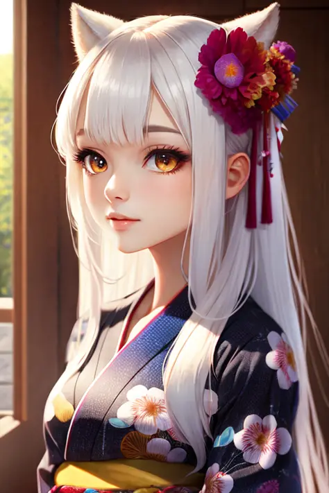 ulmtradetailed professional photo of a long white hair 1girl with fluffy ears straddling with  arms behind back, colorful rainbowy yukata with intricate pattern, shiny, shiny skin,